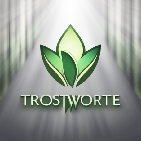 TrostWorte Logo. Stilisierte, sich öffnende Blätter/Blüte im diffusen, Lichtstrahl, im Wald Trauerreden. Trauerrednerin Patricia Rind, Ludwigshafen, Mannheim, Pfalz